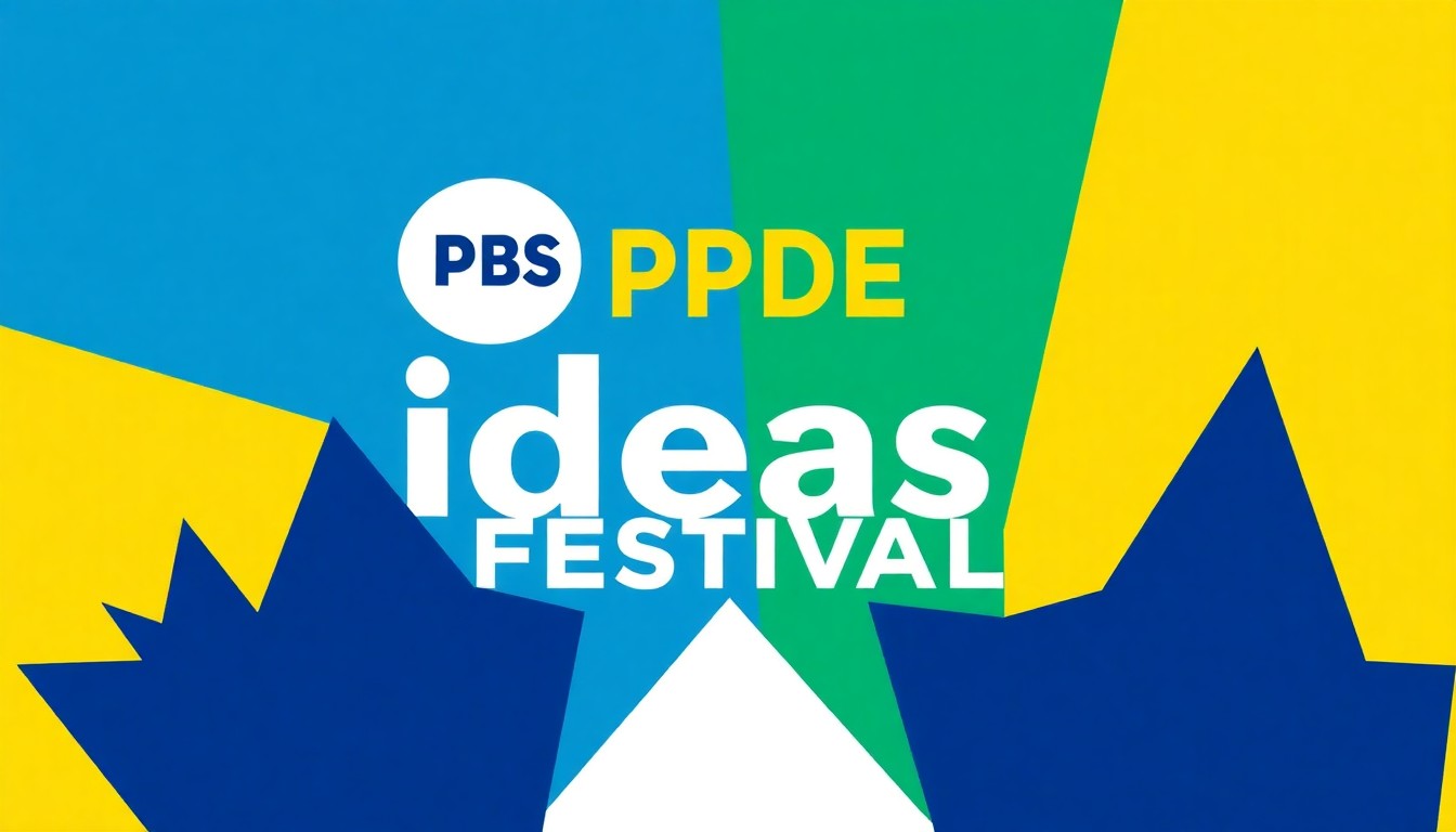 A vibrant, abstract illustration featuring sharp, geometric shapes in shades of blue, green, and yellow, conceptually representing the diverse range of speakers and topics at the Cascade PBS Ideas Festival.