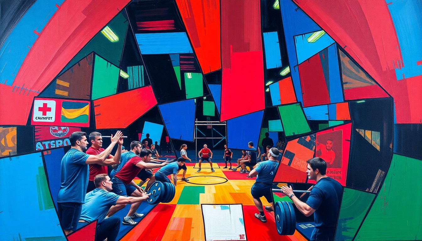 A cubist, geometric painting depicting a deconstructed CrossFit competition scene, with overlapping planes of bright colors and dynamic movement.
