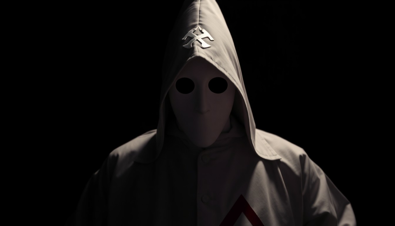 An extreme close-up photograph of a Ku Klux Klan robe, hood, and insignia against a stark black background, conveying the gritty, investigative nature of uncovering this disturbing history.