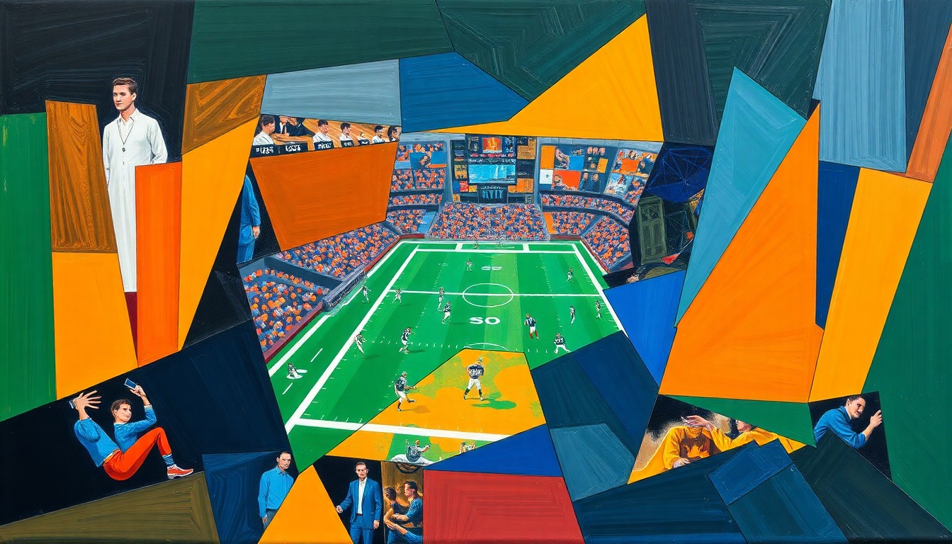 A fragmented, geometric painting in bold colors depicting an abstract football scene, conveying the dynamic and uncertain nature of the upcoming NFL Draft.