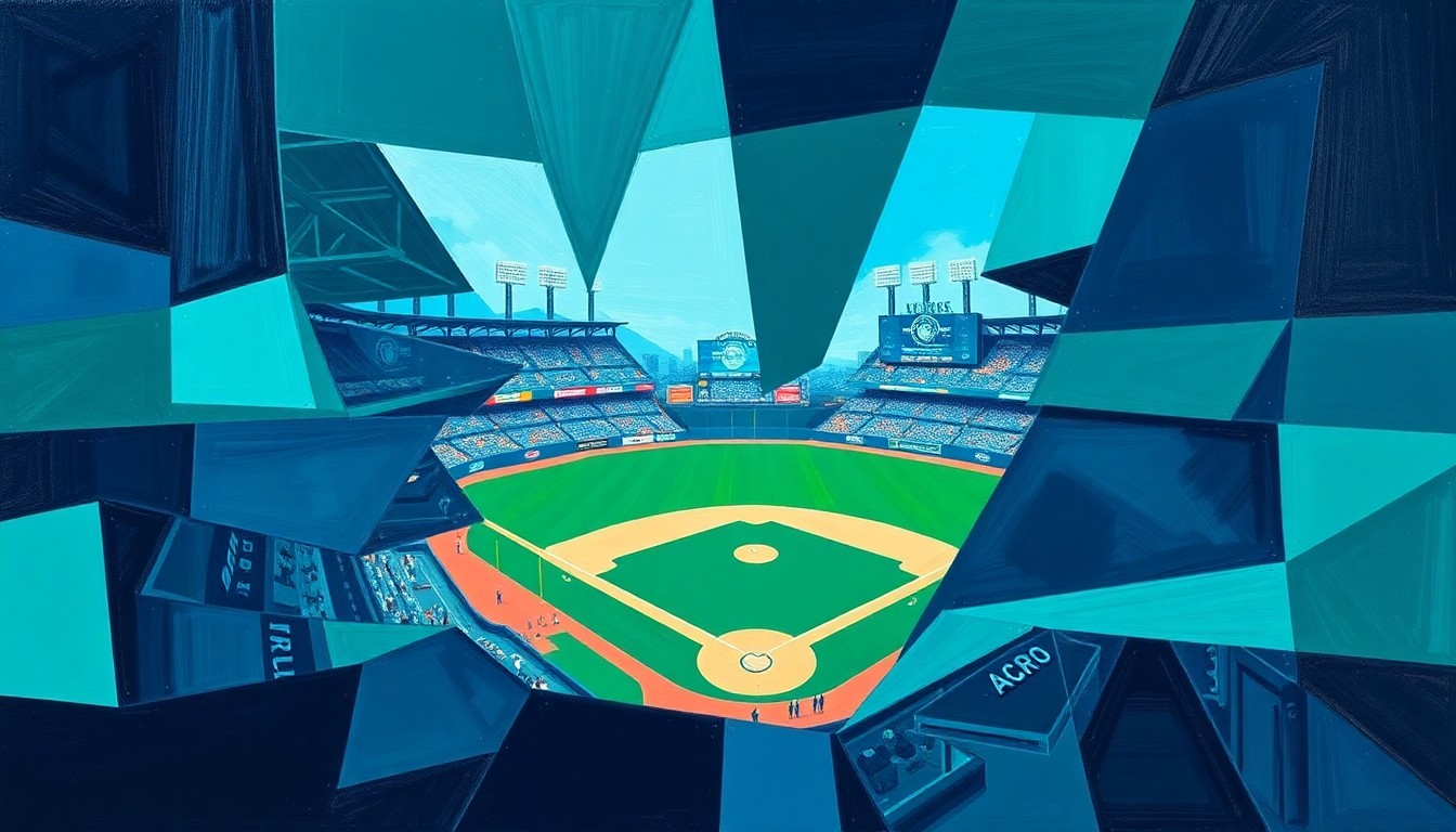 A cubist, geometric painting depicting a Mariners baseball game, with sharp, overlapping planes of navy blue, teal, and emerald green, capturing the dynamic energy and excitement of the team's upcoming season.