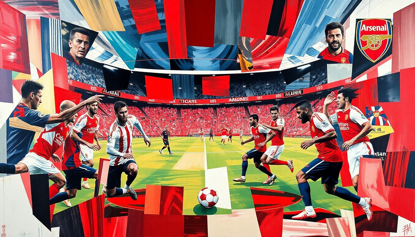 A fractured, cubist-style painting depicting the dynamic movement and competition of a soccer match, with sharp geometric shapes in the red and white of Manchester United and the red and blue of Arsenal.