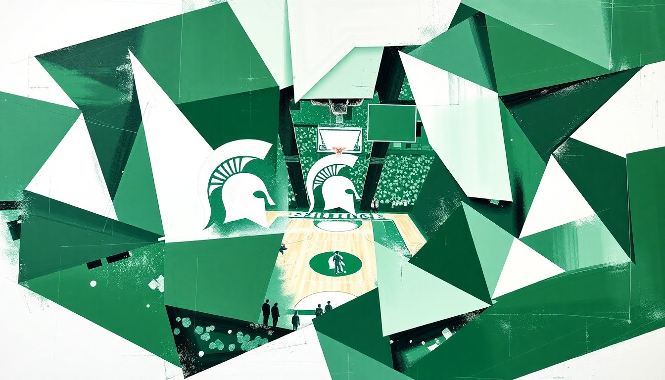 A cubist, geometric painting featuring sharp, overlapping planes of green and white, conceptually representing the strategic challenges Michigan State faces in rebuilding its roster for a national title push.