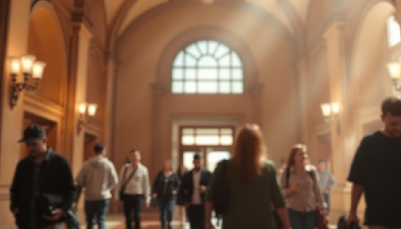 An abstract, impressionistic scene of people moving through the grand entryway of a historic government building, with soft, blurred pools of warm light and color creating an atmospheric, lifestyle-focused mood.