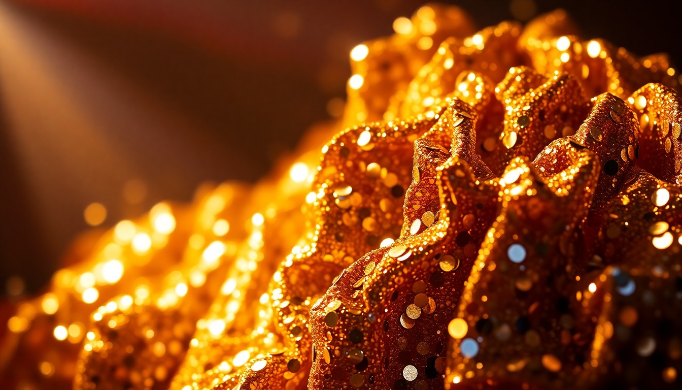 An extreme close-up photograph of shimmering, crumpled gold and silver sequins under dramatic studio lighting, evoking the glitz and energy of a rock concert stage.