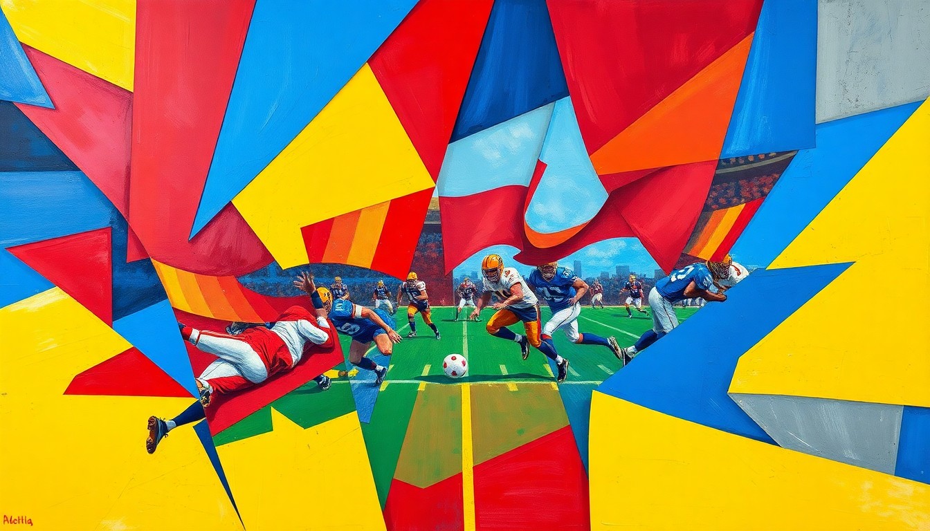 A cubist, geometric painting depicting a flag football game, with overlapping planes of color and shape representing the fast-paced action of the sport.
