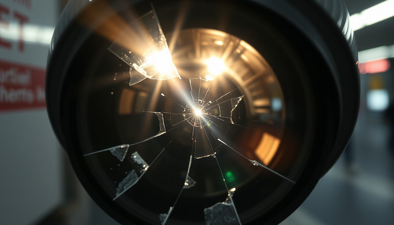 An extreme close-up photograph of a broken security camera lens reflecting a bright flash of light, conceptually representing the aftermath of a violent crime in a public space.