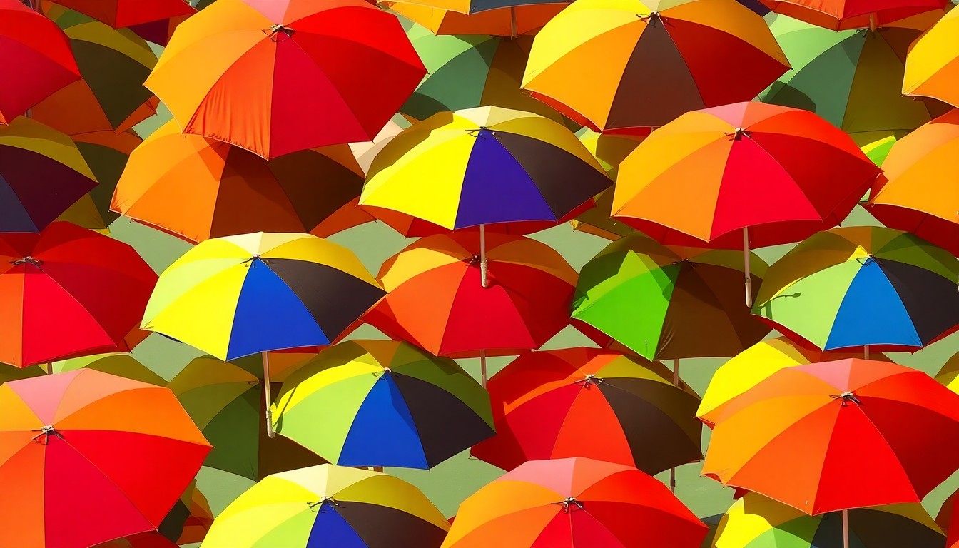 A bold, colorful silkscreen-style illustration featuring a repeating pattern of a Tybee Island beach umbrella in vibrant neon shades, conceptually representing the tensions between public ethics and private interests in local politics.