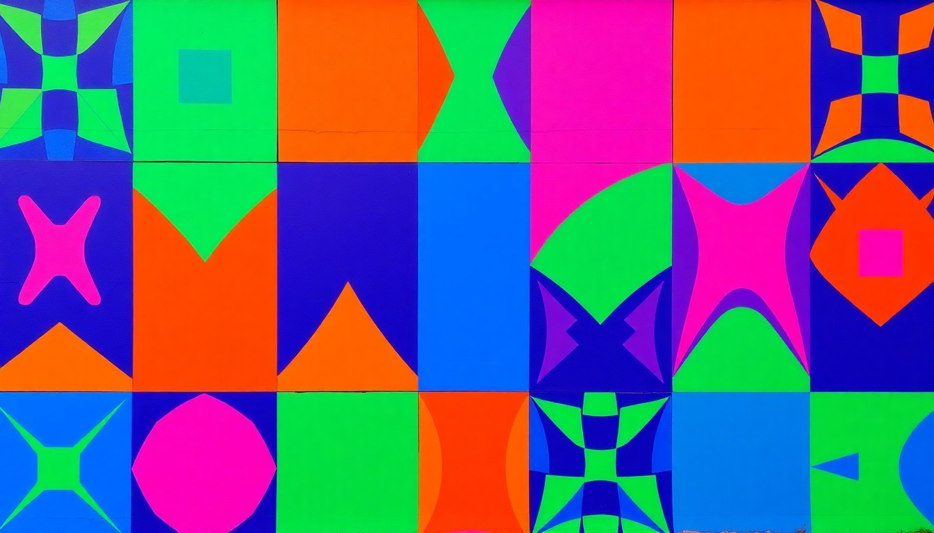 A high-contrast, silkscreen-style illustration featuring a repeating grid of bold, abstract geometric shapes in bright neon blues, greens, and oranges, capturing the vibrant energy of a new community mural.