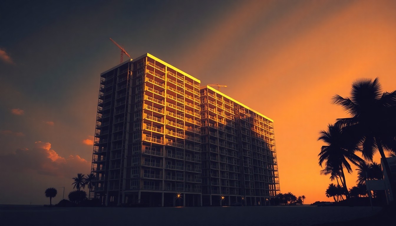 A serene, photorealistic painting of a partially constructed high-rise building in Cocoa Beach, with warm sunlight casting long shadows across the scene, conceptually illustrating the tensions between development and community impact.
