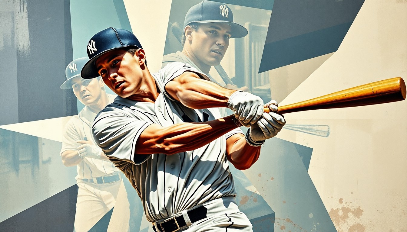 A fractured, geometric painting depicting the powerful swing of a baseball player, with the player's form broken down into sharp, overlapping planes of color and shape.