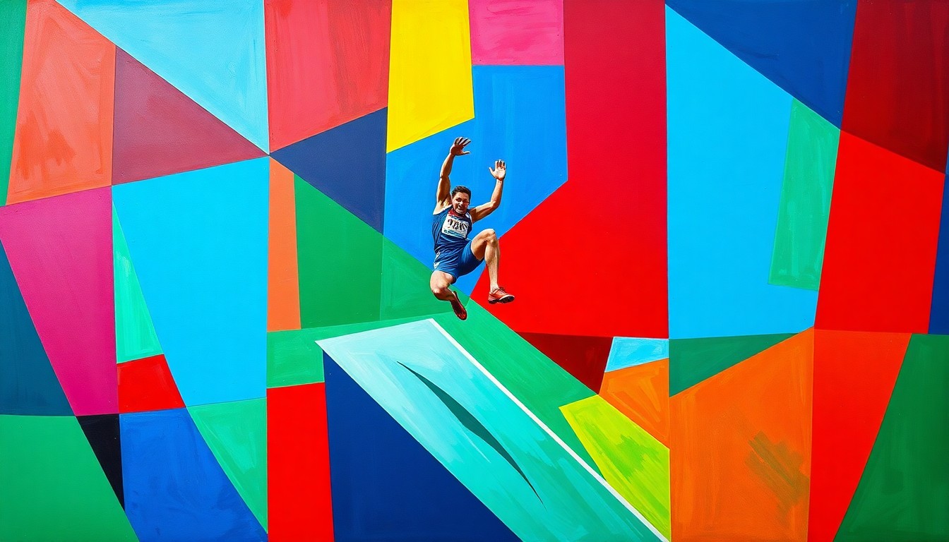 A cubist-style painting depicting a high jump competition, with the jumper's body and the bar broken down into sharp, overlapping geometric shapes in a vibrant color palette, conveying the dynamic energy of the event.