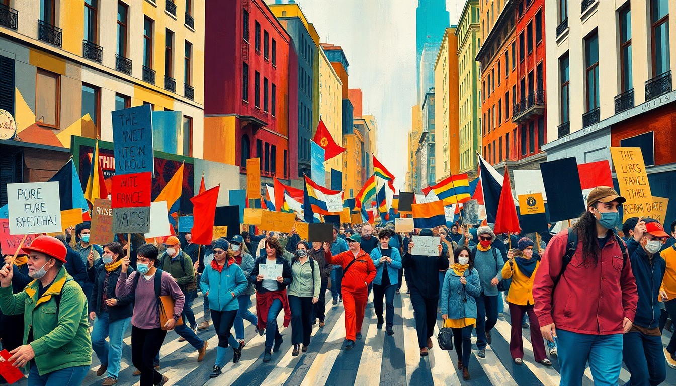 A dynamic, abstract painting featuring overlapping geometric shapes and waves of vibrant colors, conceptually representing a protest march through an urban setting.