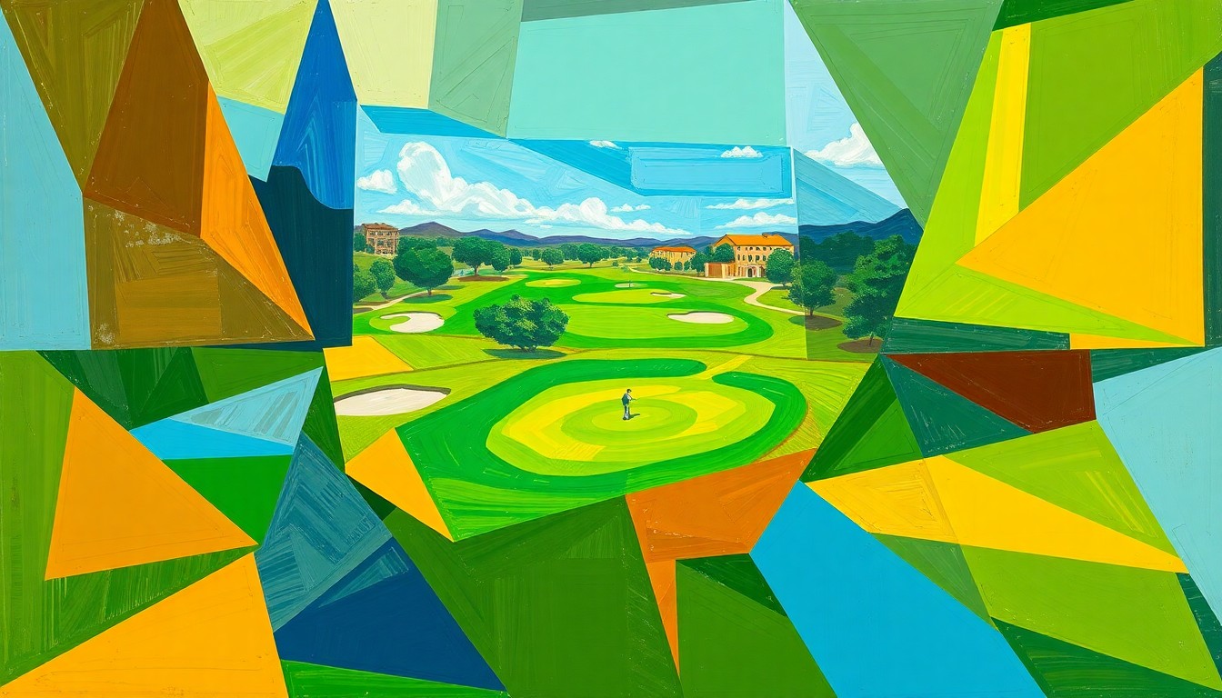 A fractured, cubist-style painting depicting a college golf tournament, with sharp geometric shapes in vibrant green, brown, and blue hues representing the dynamic motion and energy of the sport.