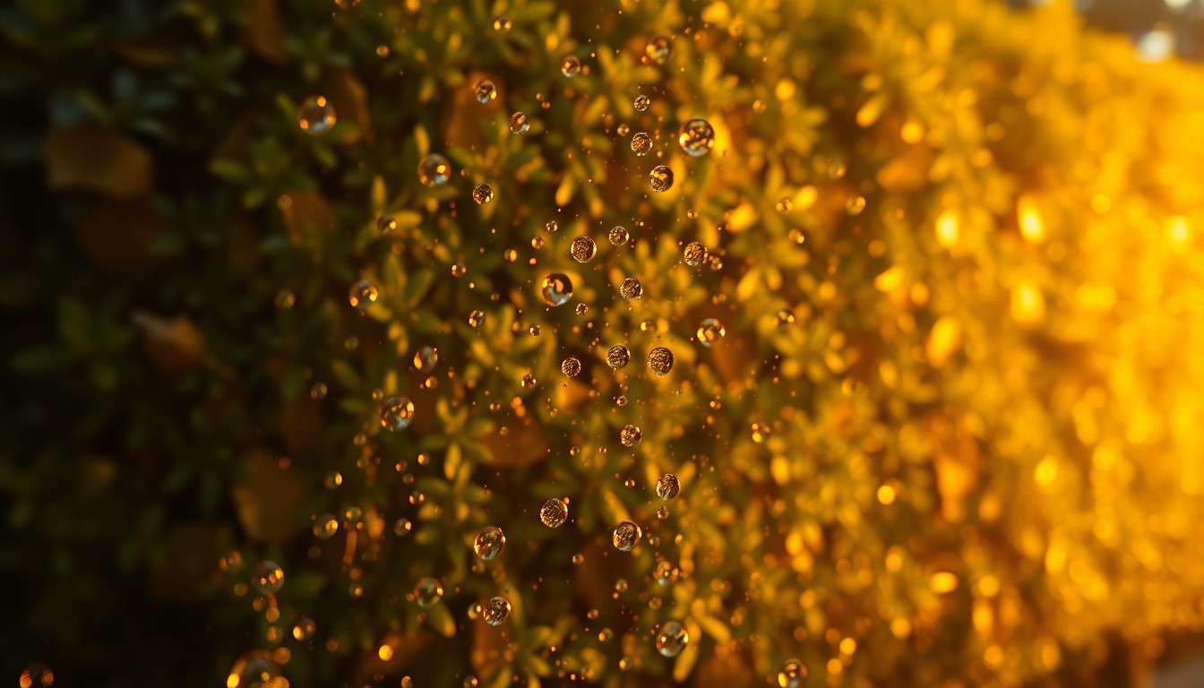 An abstract, impressionistic photograph of a blurry, overgrown hedge in warm, golden light, conveying the mood of a neighborhood property dispute.