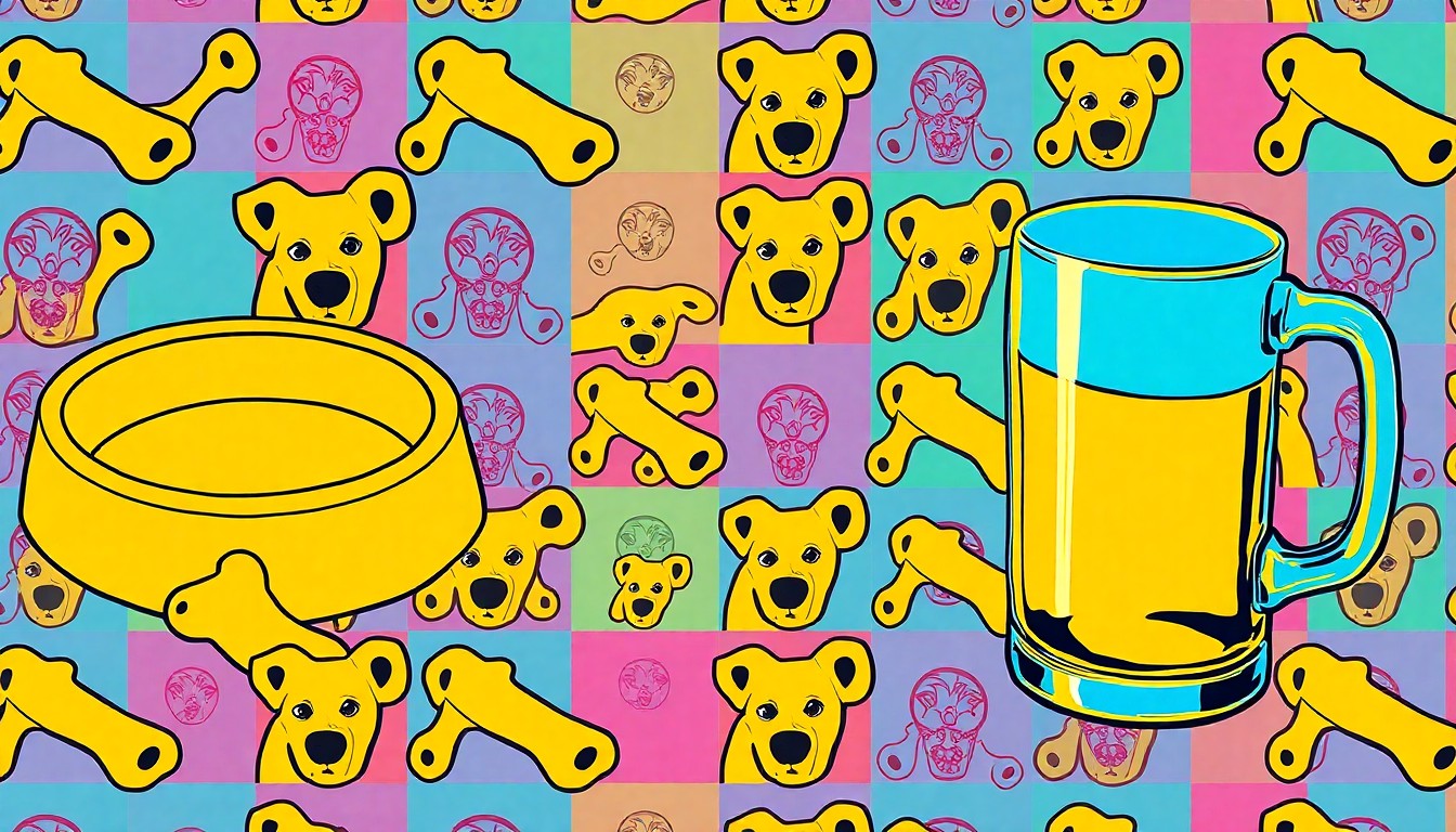 A colorful, abstract grid of dog bowls, toys, and beer mugs in a high-contrast pop art style, conceptually representing the blend of canine and human elements in the new Hair of the Dawg bar and dog park.