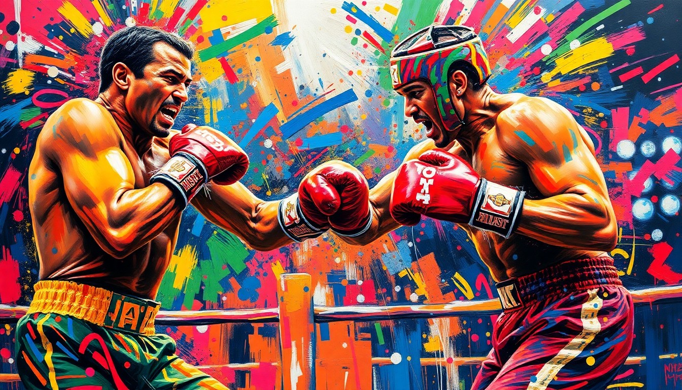 An abstract expressionist painting in vibrant neon colors, capturing the explosive energy and powerful punches of a heavyweight boxing match. The fighters' forms are dissolved into unrecognizable brushstrokes, with only the intense motion and impact of the fight remaining.