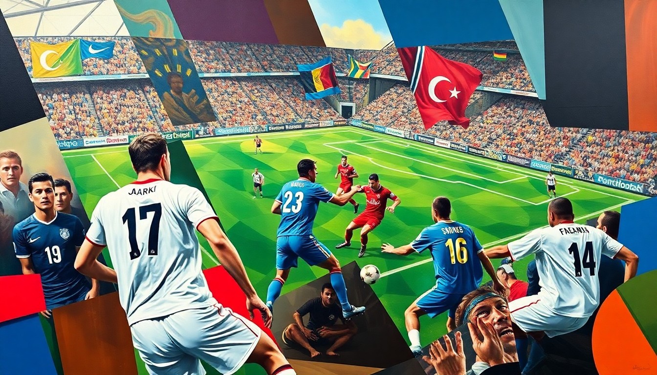 A cubist, geometric painting depicting the chaotic action of a soccer match, with the competing teams' colors blending and overlapping across the canvas in an abstract, fragmented composition.