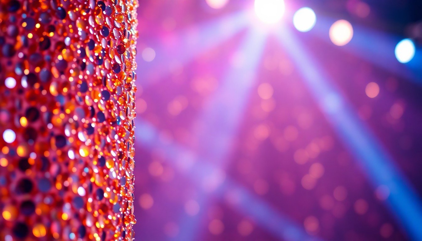 An extreme close-up photograph of shimmering sequins and stage lights, capturing the glitz and glamour of a televised singing competition without any visible people, objects or text.