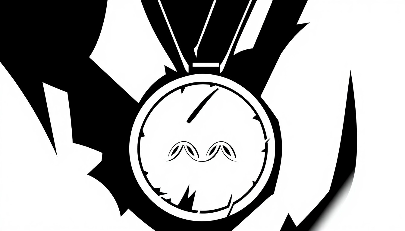 A black and white graphic illustration composed of bold, angular shapes and forms, conceptually representing an Olympic medal without using any text or literal imagery.