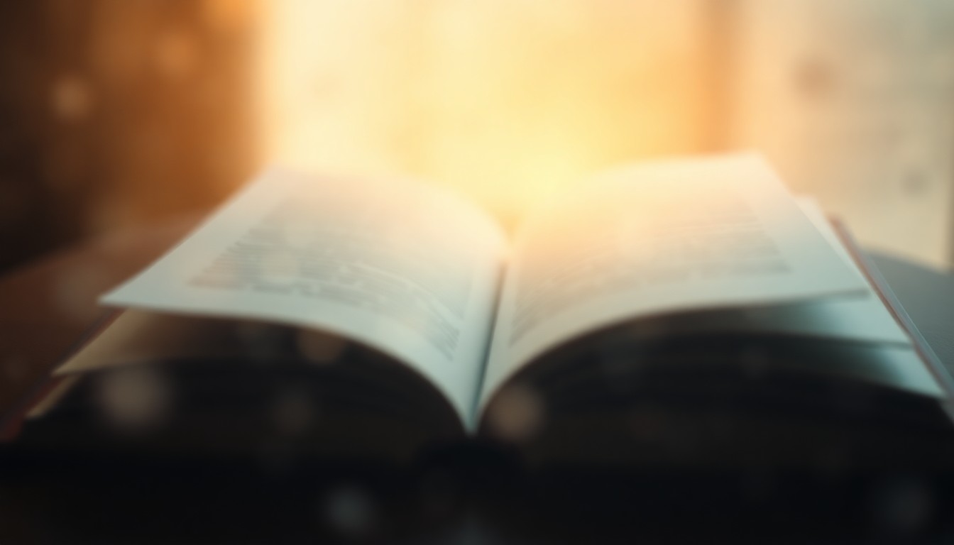 An abstract, out-of-focus photograph depicting the soft, blurred edges of an open book, with pages gently fluttering in a warm, diffused light, conveying a sense of contemplation and discovery.