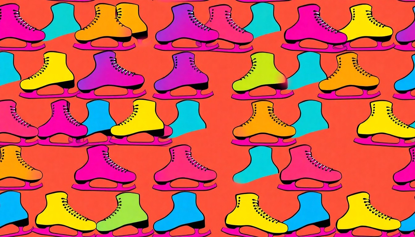A vibrant, high-contrast silkscreen print featuring a repeated pattern of a single ice skate in bold, neon colors, capturing the playful and artistic spirit of crossword puzzle solving.