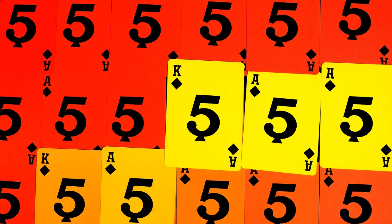 A vibrant, silkscreen-style grid of playing card images showing the number 5, conceptually representing the solution to the ____-and-dime crossword clue.