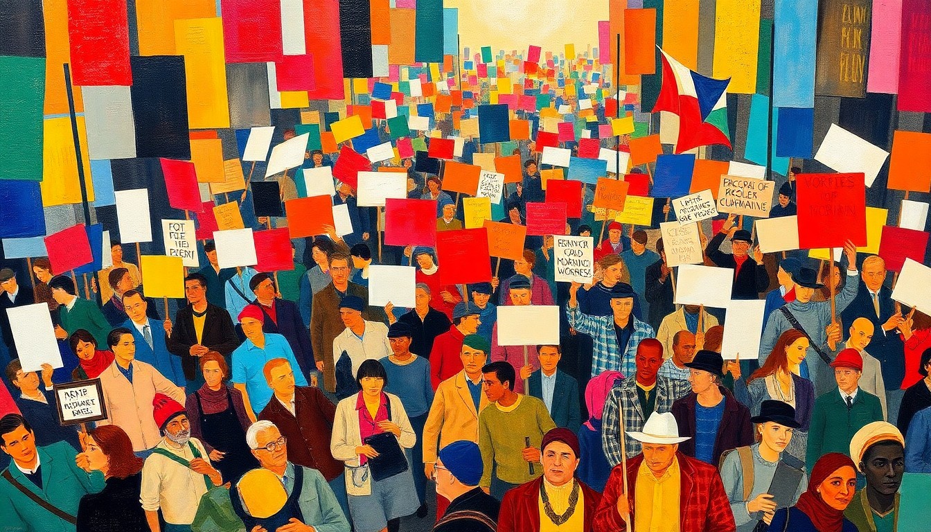 A colorful, fragmented painting depicting a large crowd of protesters marching with signs, their figures repeated in overlapping, geometric patterns that convey a sense of movement and collective action.