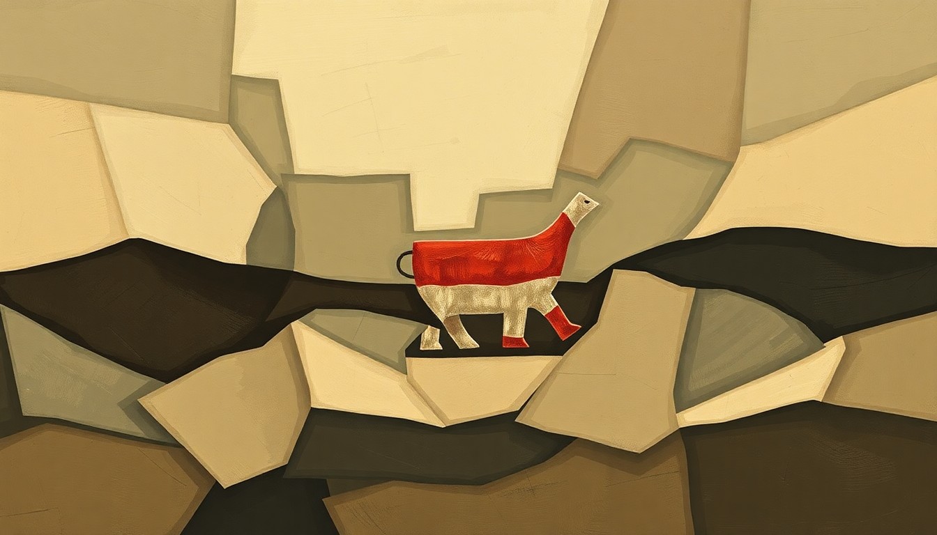 A fractured, abstract painting in muted earth tones and deep shadows, depicting a symbolic political object or setting in motion, representing the shifting dynamics and divisive debates within the Republican party.