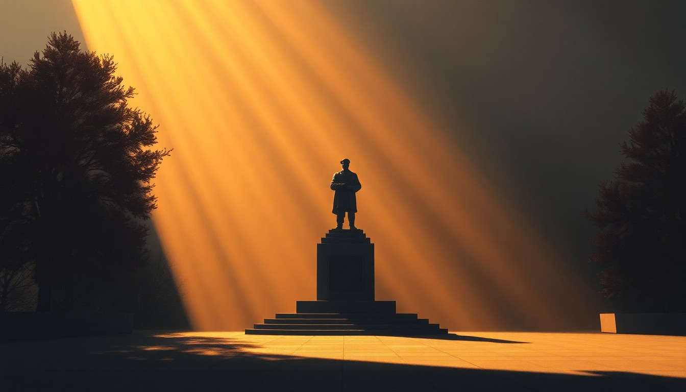 A detailed oil painting depicting a solitary war memorial statue in a quiet, sunlit urban setting, conveying a sense of reverence and contemplation for the sacrifices made by these service members.