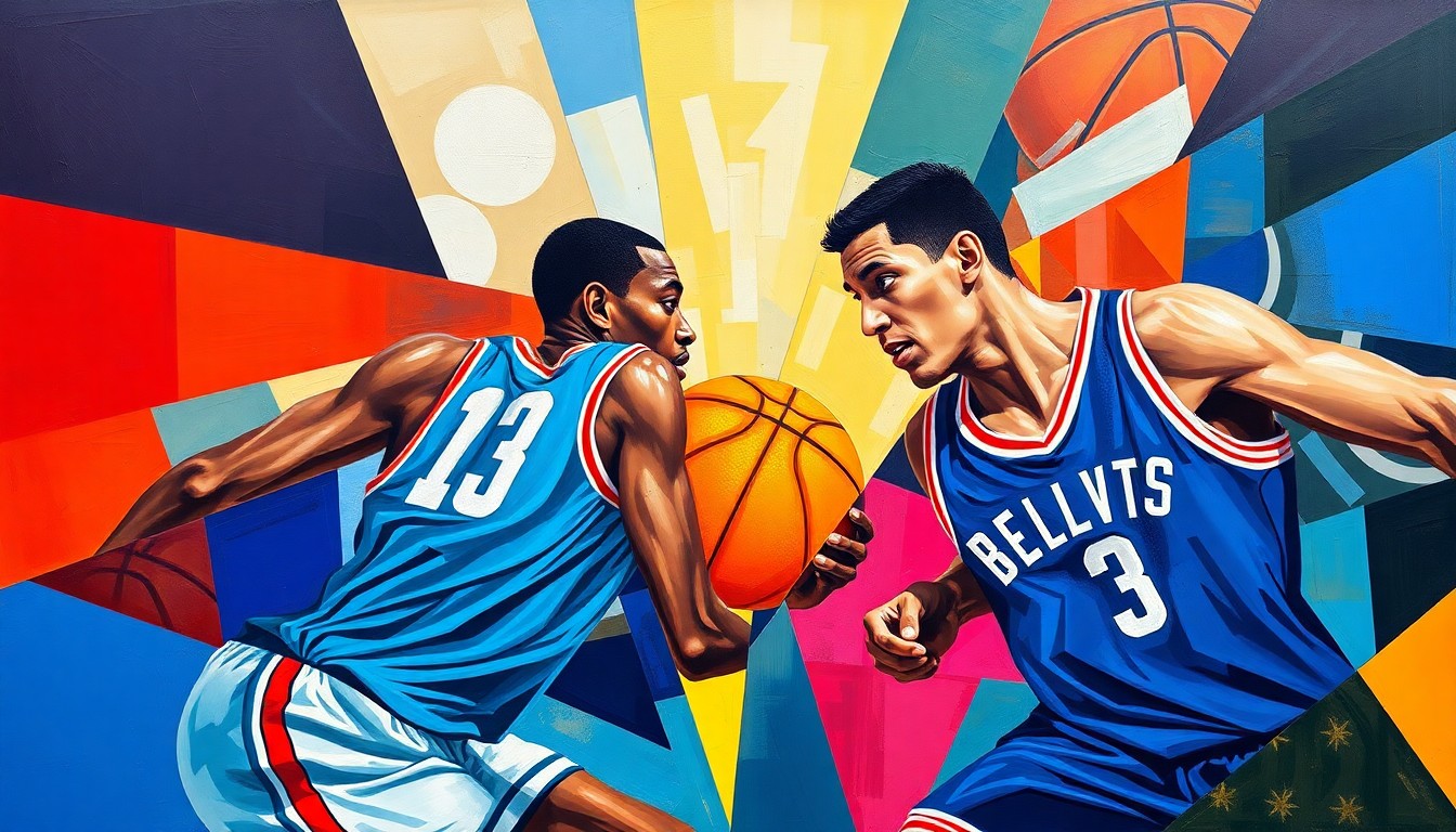 A fragmented, cubist-style painting depicting the action and energy of a basketball game, with sharp geometric shapes and bold colors representing the dynamic play of the two young NBA rookies.