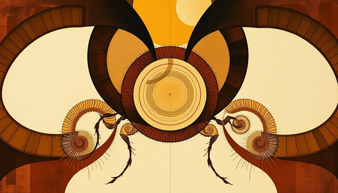 A vibrant abstract painting in soft greens, browns, and blues, featuring sweeping geometric shapes and precise botanical spirals that evoke the intricate microscopic structures of insect cuticles and feet, conveying the hidden beauty of the natural world.