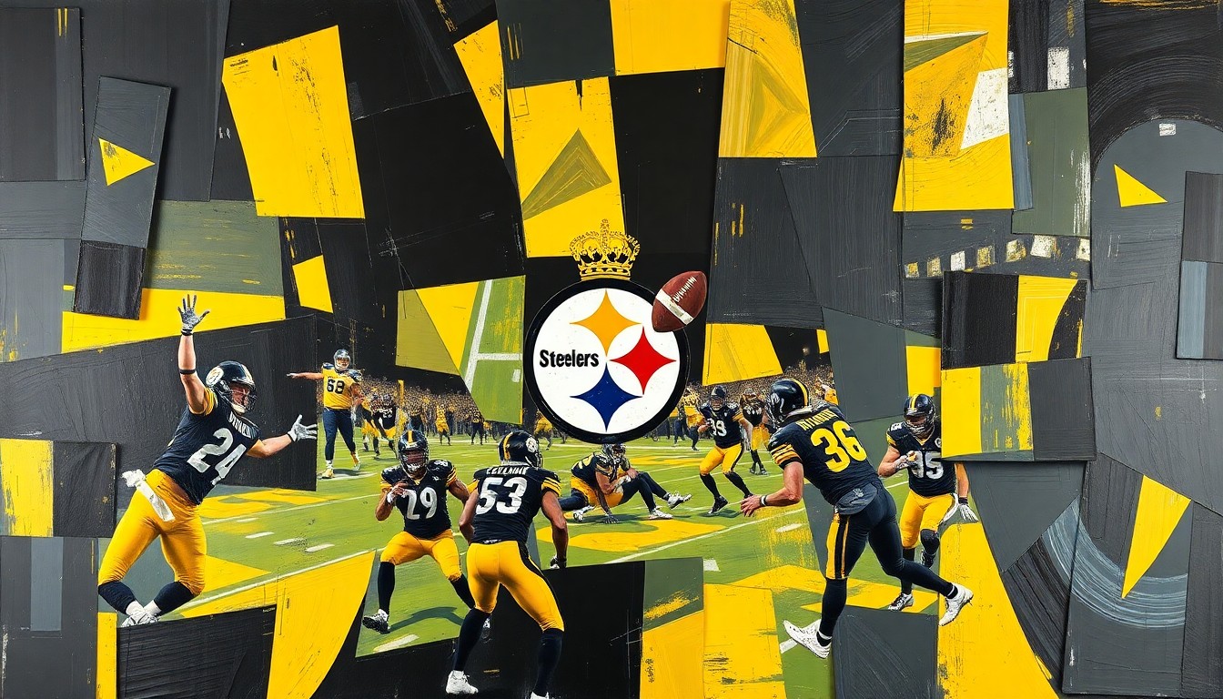A cubist, geometric illustration depicting fragmented, overlapping shapes and planes in the Steelers' black and gold colors, representing the dynamic action and strategy of the NFL draft.