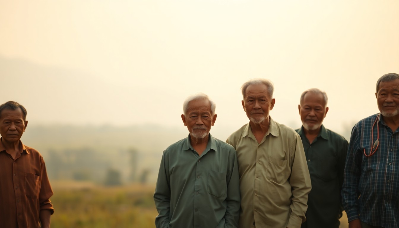 A soft, impressionistic photograph showing the blurred silhouettes of several older men standing together in a lush, verdant landscape, the scene conveying a sense of contemplation and shared experience.