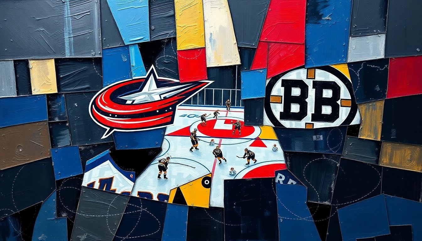 A fractured, cubist-style painting depicting a hockey game between the Columbus Blue Jackets and Boston Bruins, with the players and action broken down into sharp, overlapping geometric shapes and planes in the teams' respective colors.
