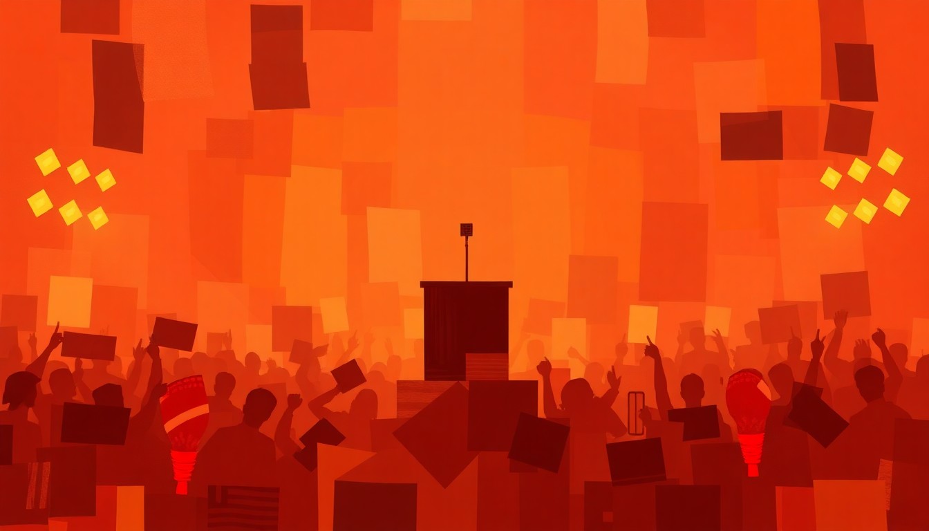 A vibrant, fractured painting depicting a political protest scene, with a podium or stage at the center surrounded by overlapping, geometric shapes in warm colors like red, orange, and yellow, conveying a sense of energy and movement.
