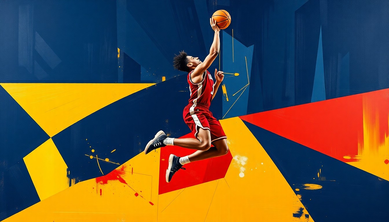 A cubist, geometric painting depicting a college basketball player in mid-motion, their body fractured into sharp, overlapping planes of navy blue, red, and gold.