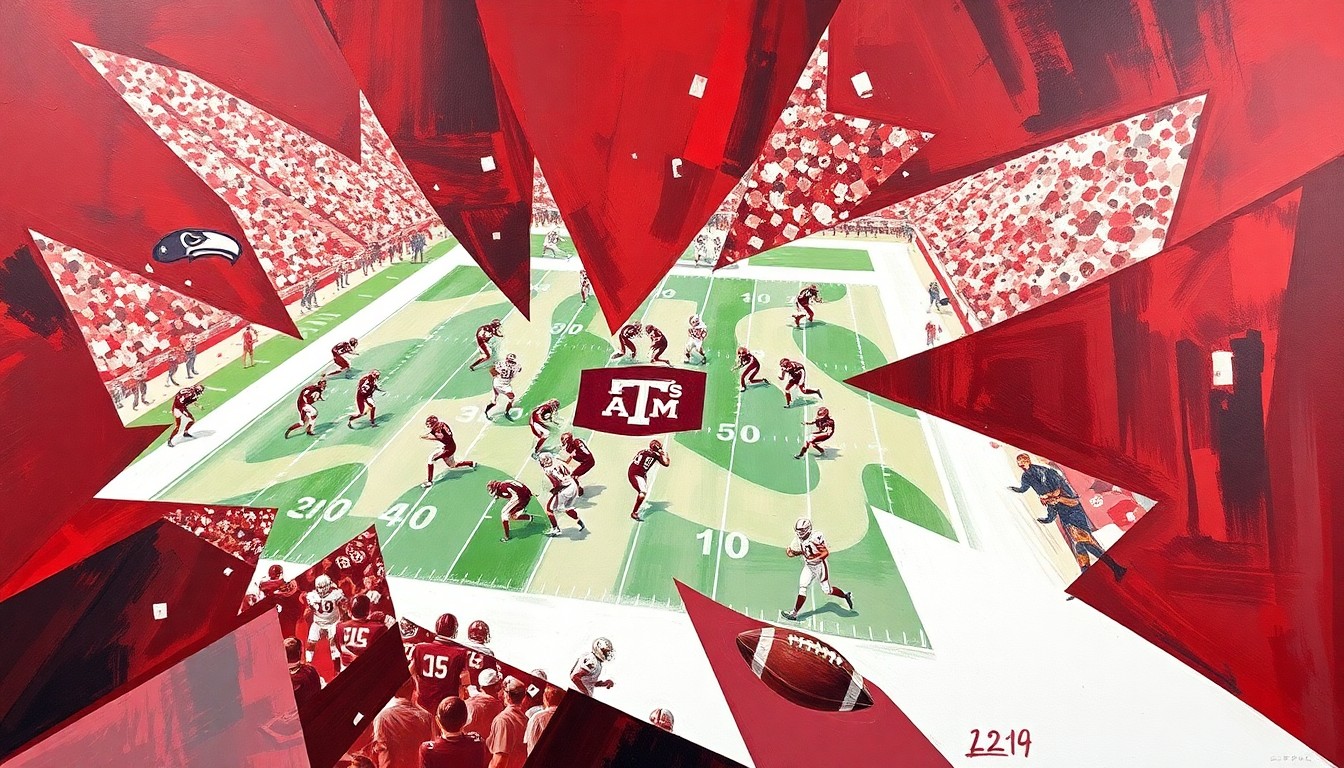 A fractured, geometric painting depicting the energy and movement of a Texas A&M football practice, with players and the field deconstructed into sharp, overlapping shapes in the team's signature maroon and white colors.