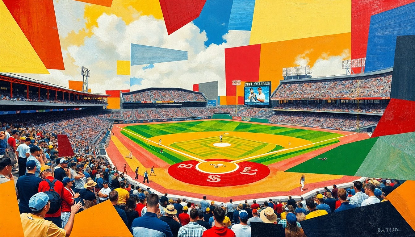 A fragmented, geometric painting in bold primary colors depicting the dynamic action and energy of a college baseball game.