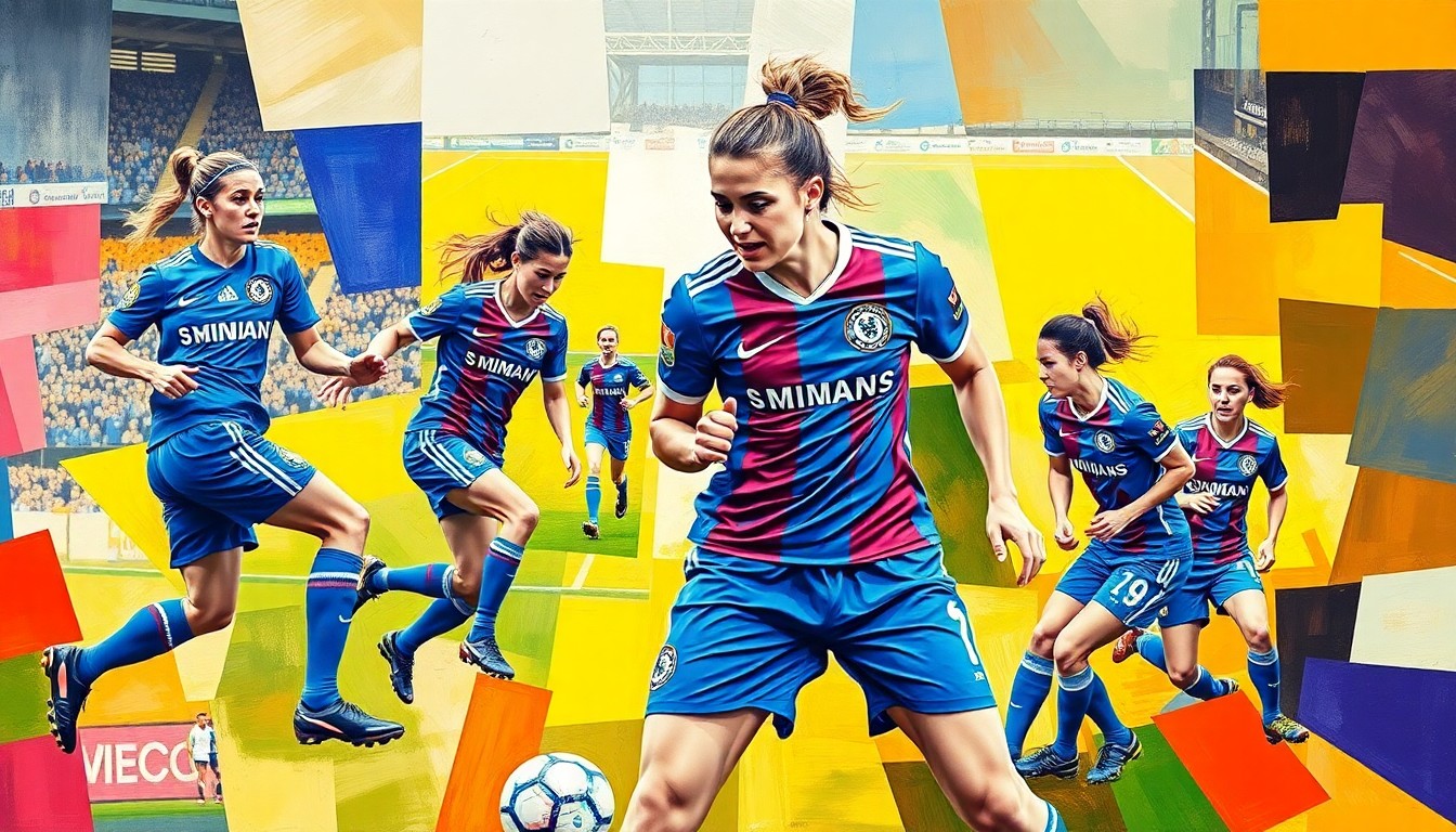 A cubist, geometric painting depicting a women's soccer match between Chelsea and Aston Villa, with the players and field broken down into sharp, overlapping planes of vibrant blue, claret, and blue colors.