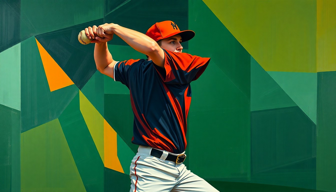 A cubist, geometric painting depicting the fractured, multi-angled motion of a high school baseball pitcher's delivery, conveying the dynamic energy and skill of the sport.