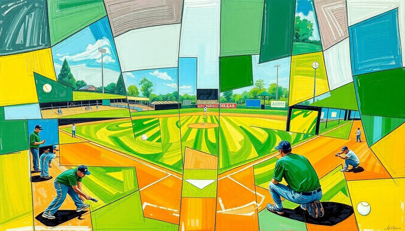 A cubist, geometric painting with overlapping planes of bright green, blue, and yellow, conceptually representing the energy and action of a high school softball game.