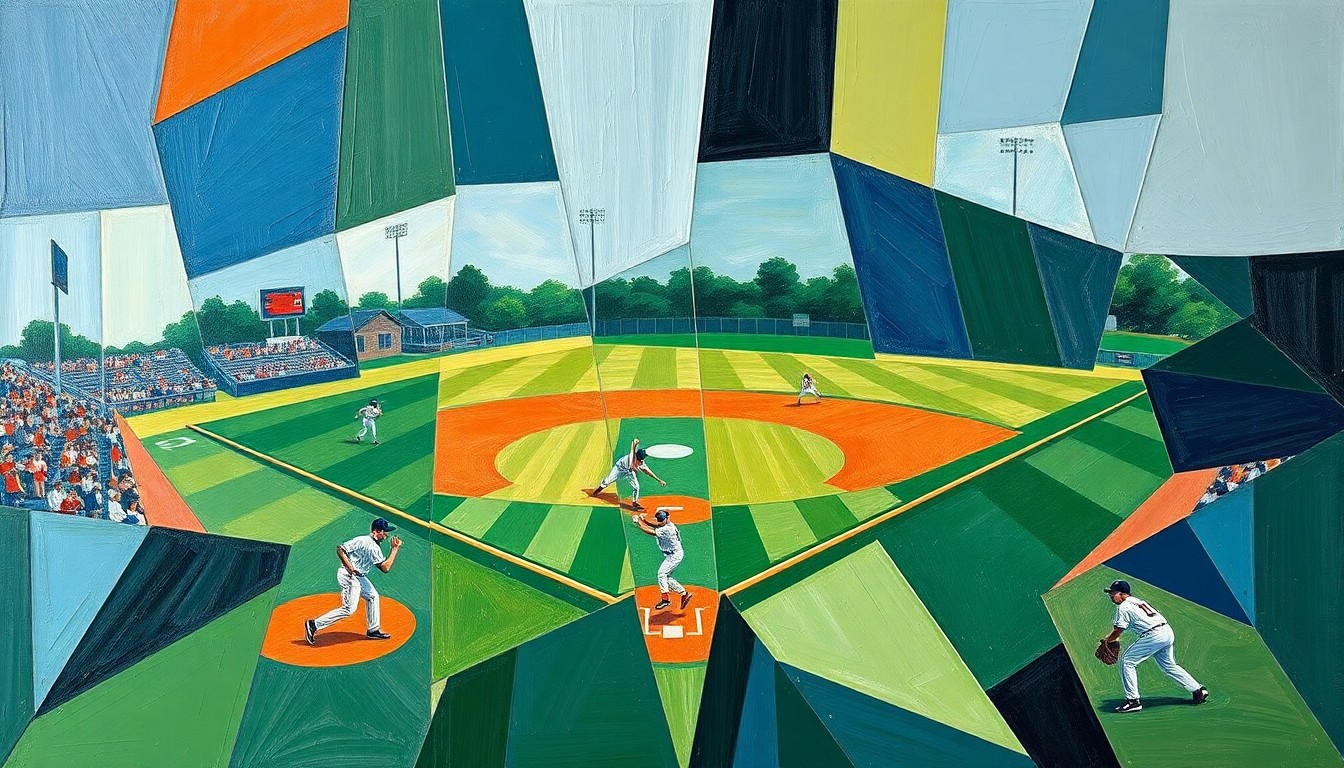 A fractured, geometric painting depicting the dynamic movements and energy of a high school baseball game, with players and the field rendered in an abstract, cubist style using bold, earthy colors.