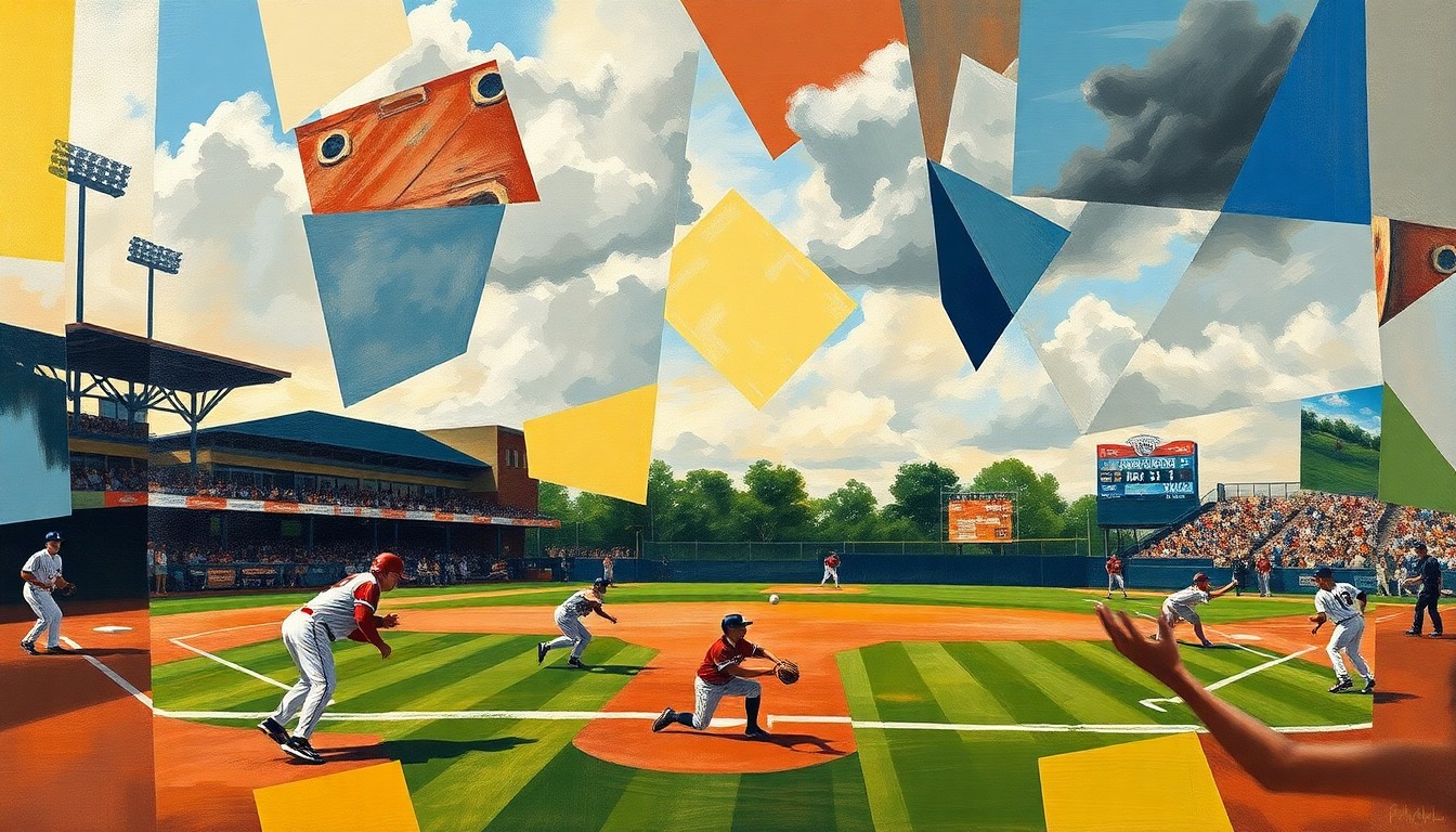 A fractured, multi-perspective painting featuring sharp, overlapping geometric shapes and planes in vibrant colors, conceptually representing the intensity and energy of a high school baseball game.