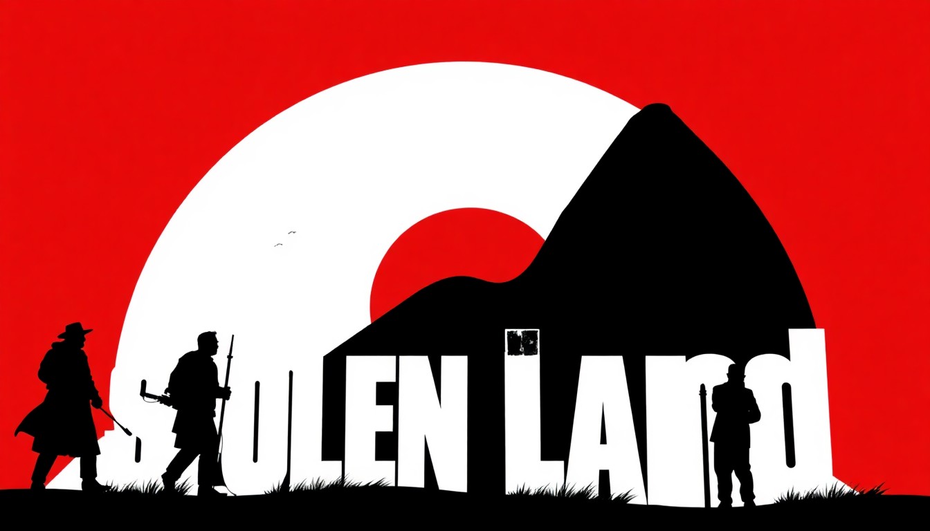 An abstract, minimalist graphic composition using bold, jagged black silhouettes and high-contrast solid colors to conceptually represent the debate around 'stolen land' and differing historical perspectives.