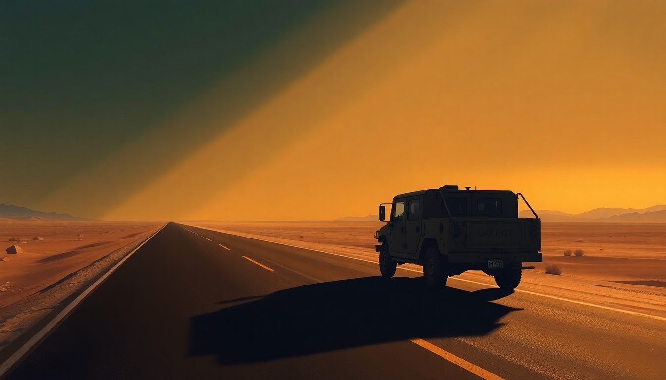 A serene, cinematic painting of a lone military vehicle on a desert road, with warm sunlight casting deep shadows across the scene, conveying a sense of quiet unease and the potential for escalation.