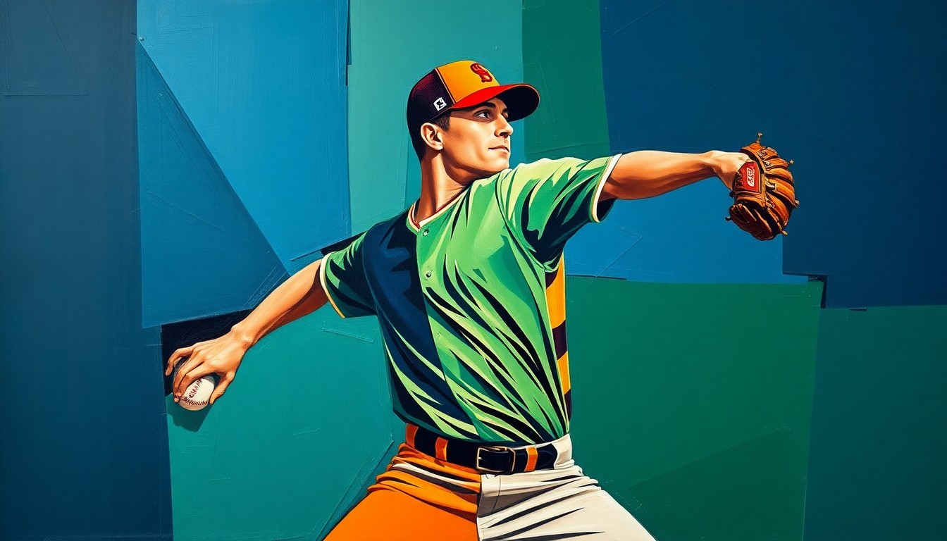A cubist-style painting depicting a baseball pitcher's delivery broken down into sharp, overlapping geometric shapes in navy, green, and orange, conveying the dynamic motion and fragmented perspectives of professional baseball.
