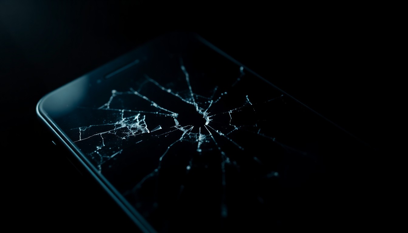 An extreme close-up photograph of a cracked and damaged cell phone screen, lit by a harsh, direct camera flash against a pitch-black background, conceptually representing the digital evidence used to convict the perpetrator.