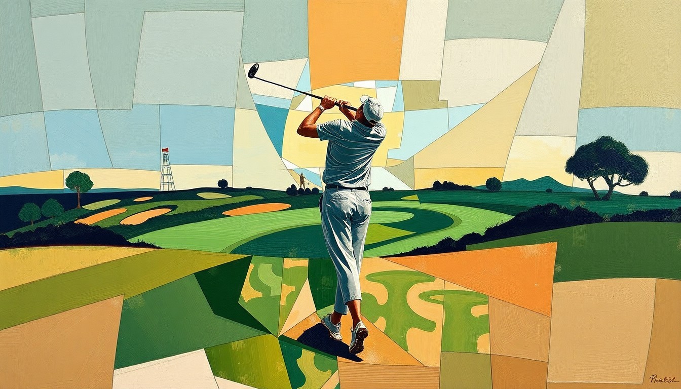 A fragmented, geometric painting depicting a deconstructed golf swing, with sharp planes of color representing the motion and energy of the sport.
