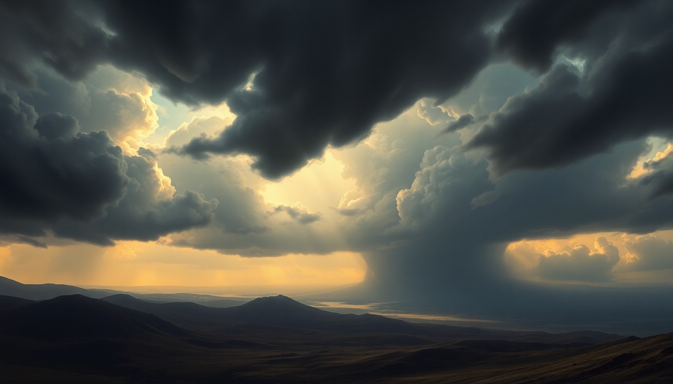 A sweeping, atmospheric landscape painting depicting an approaching storm system, with dark, ominous clouds filling the sky and dwarfing any physical structures or objects in the foreground.